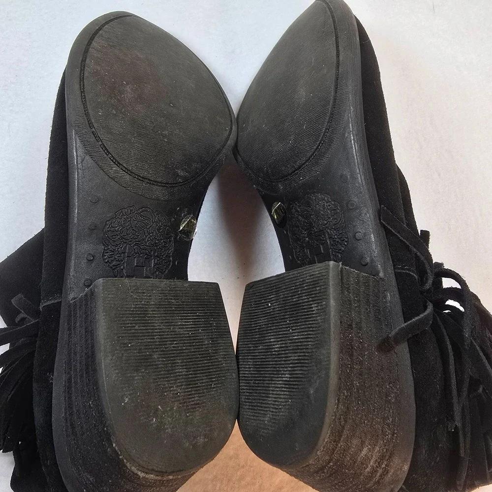 Womens Suede Fringe Ankle Boots Black‎ Western Boho Chic Classic Festival Sz 6.5